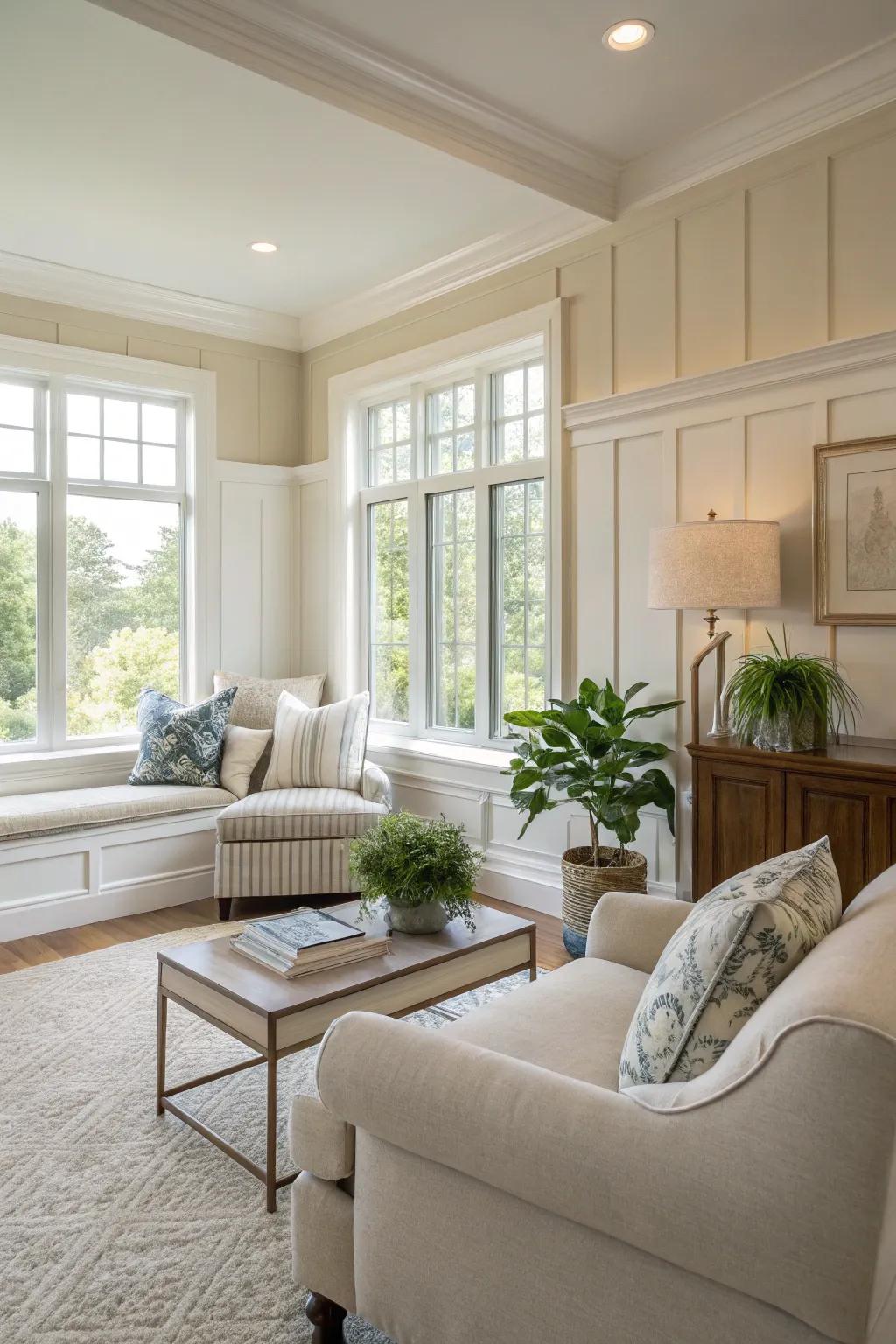 Neutral hues in wall paneling results in a serene living space.