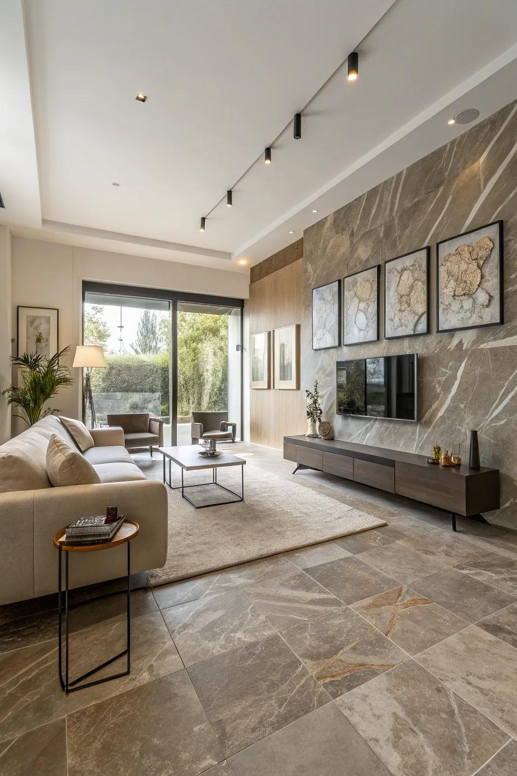 Contemporary living area featuring stone-style ceramic tiles.