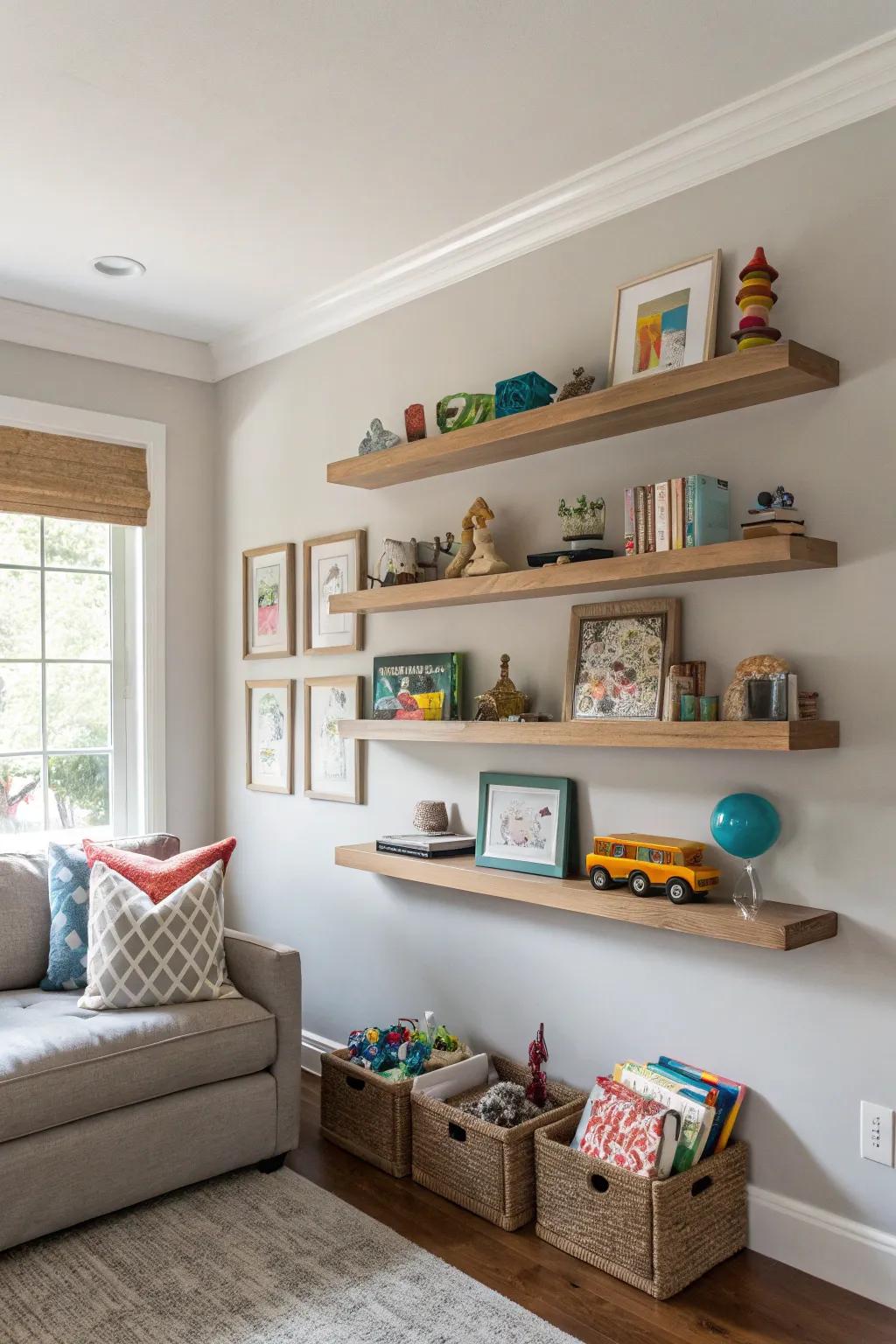 Floating shelves make the most of wall space for storage.
