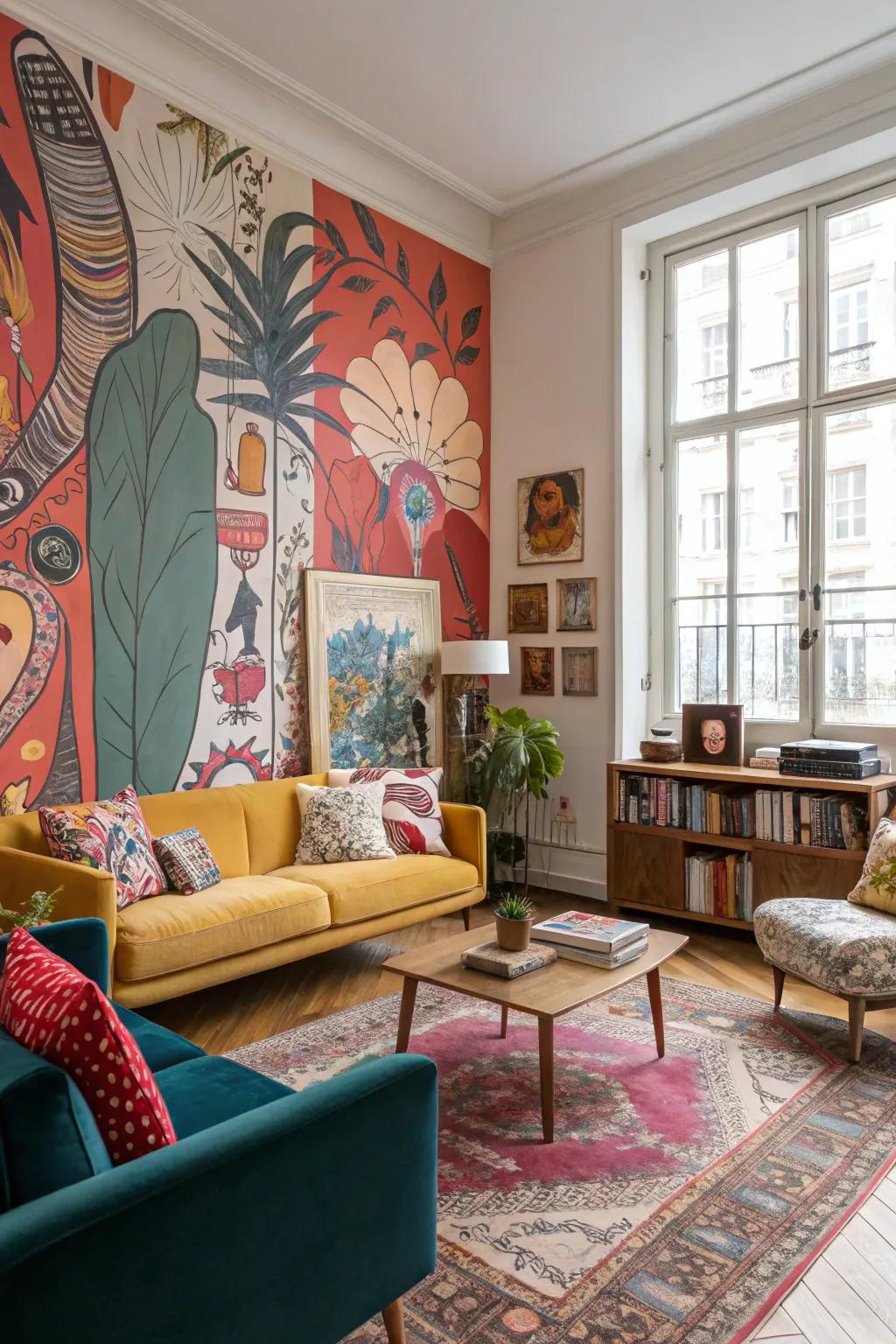 Murals turn your living room into an impressive art gallery.