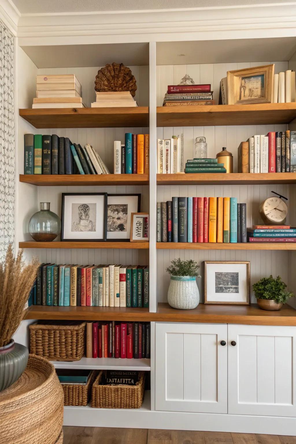 Experiment with elements of symmetry and asymmetry to create engaging bookshelf aesthetics.