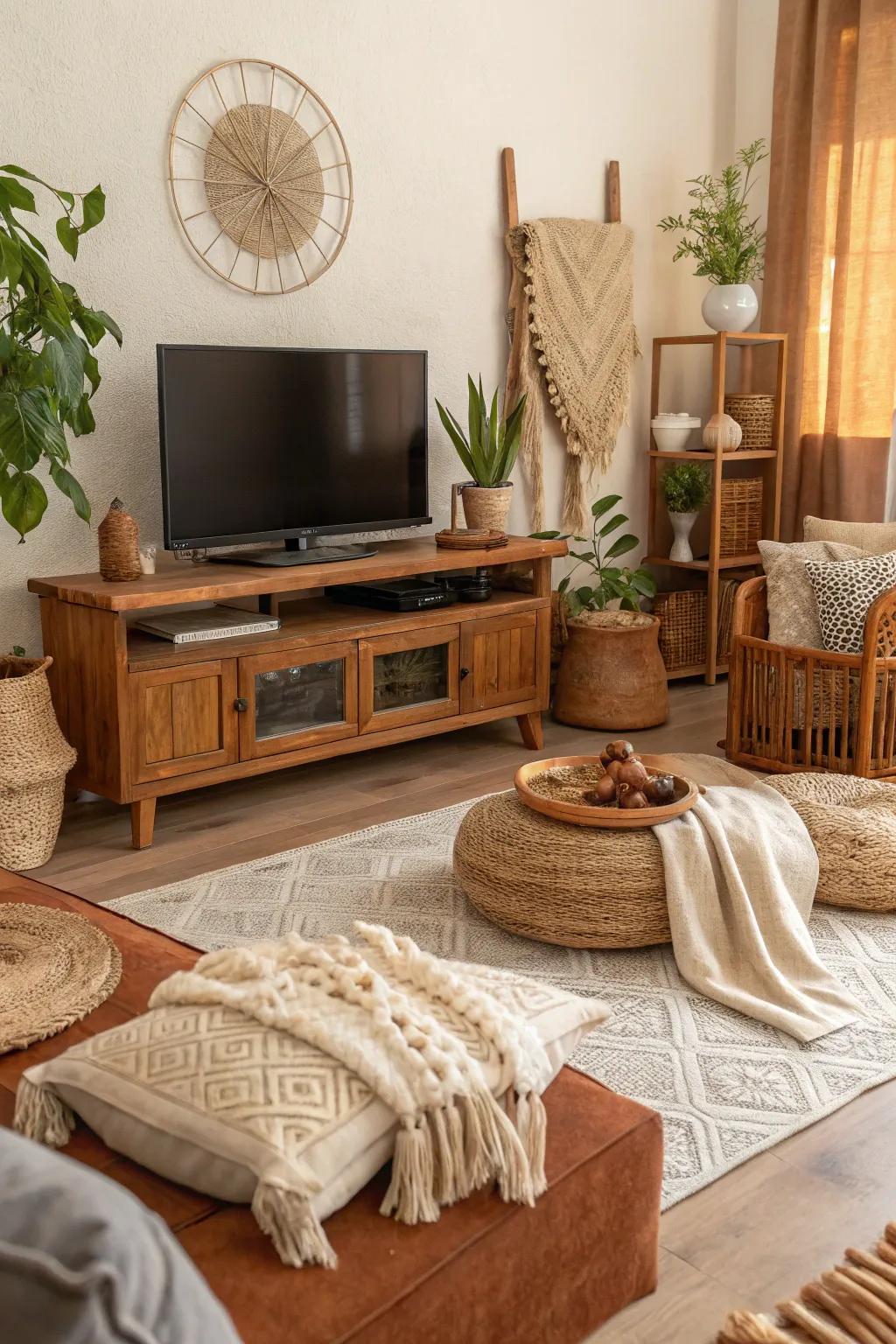 Organic tones and textures make a warm, welcoming TV area.