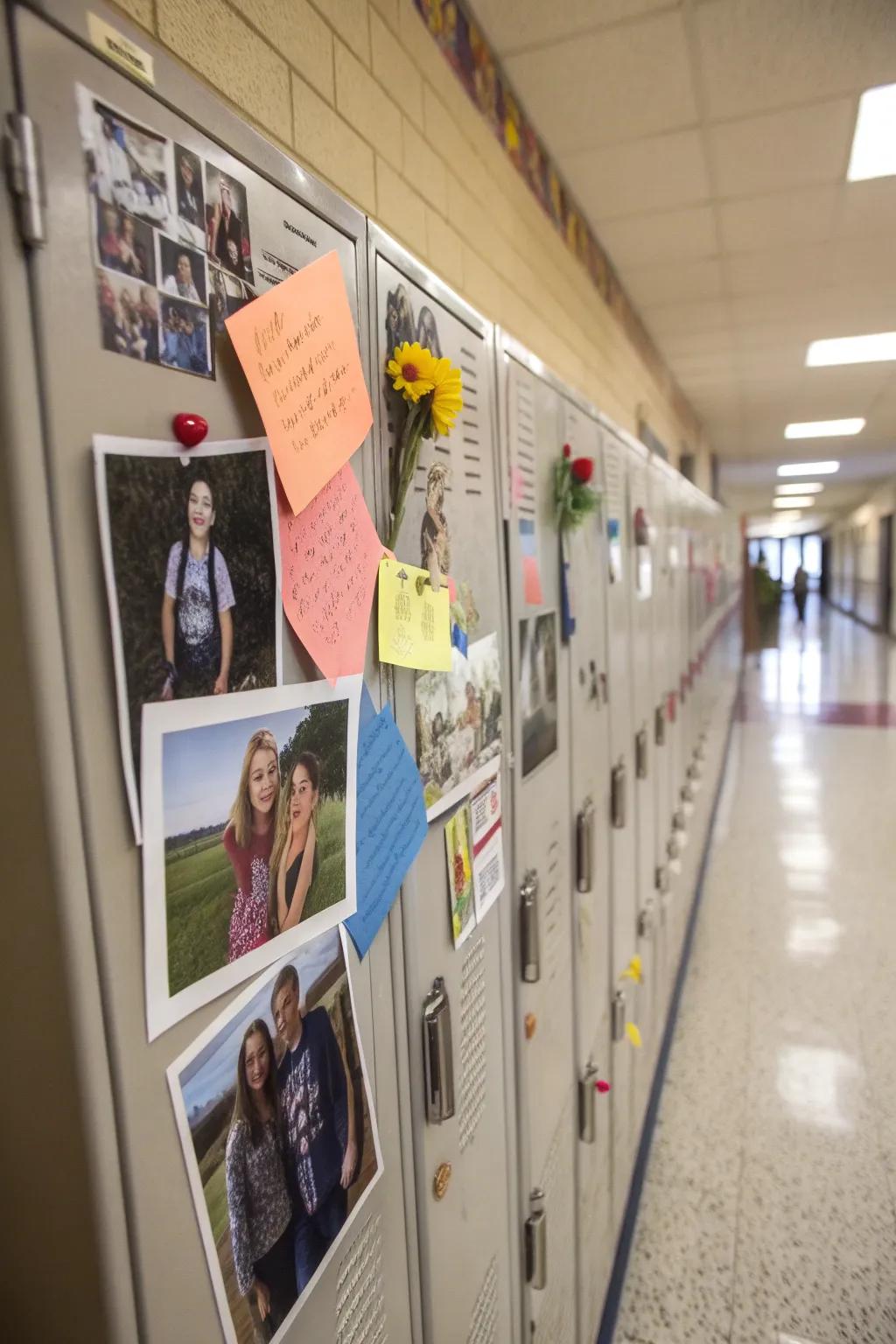 A locker adorned with personal photos and uplifting quotes for a personal atmosphere.