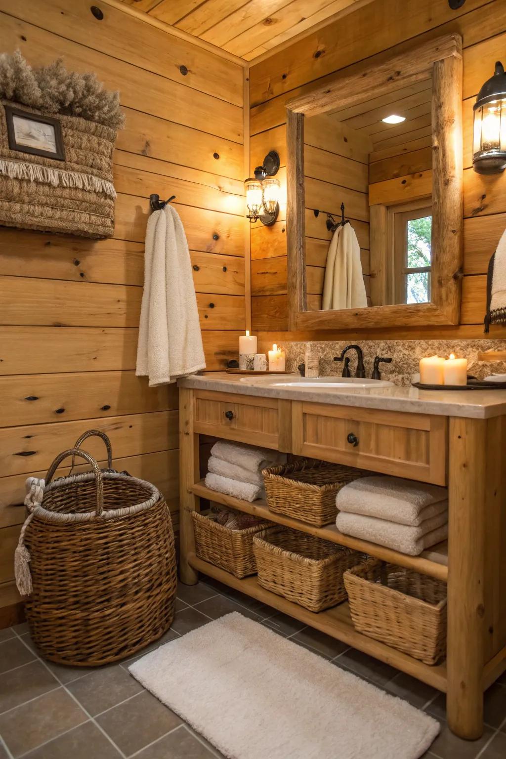 A log cabin bathroom with cozy decor elements.