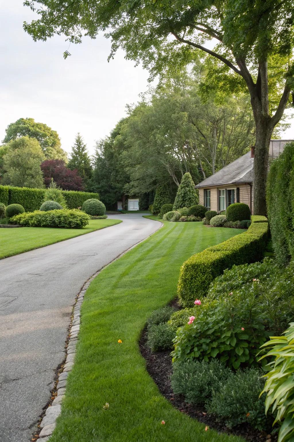 A lush lawn sets up a verdant, appealing driveway.