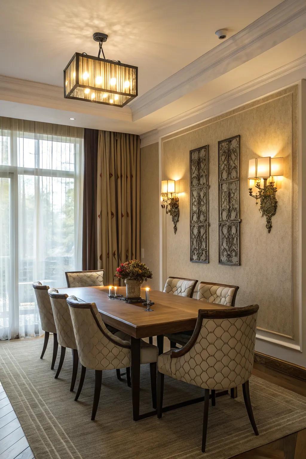 Decorative wall lights enhance a dining room.