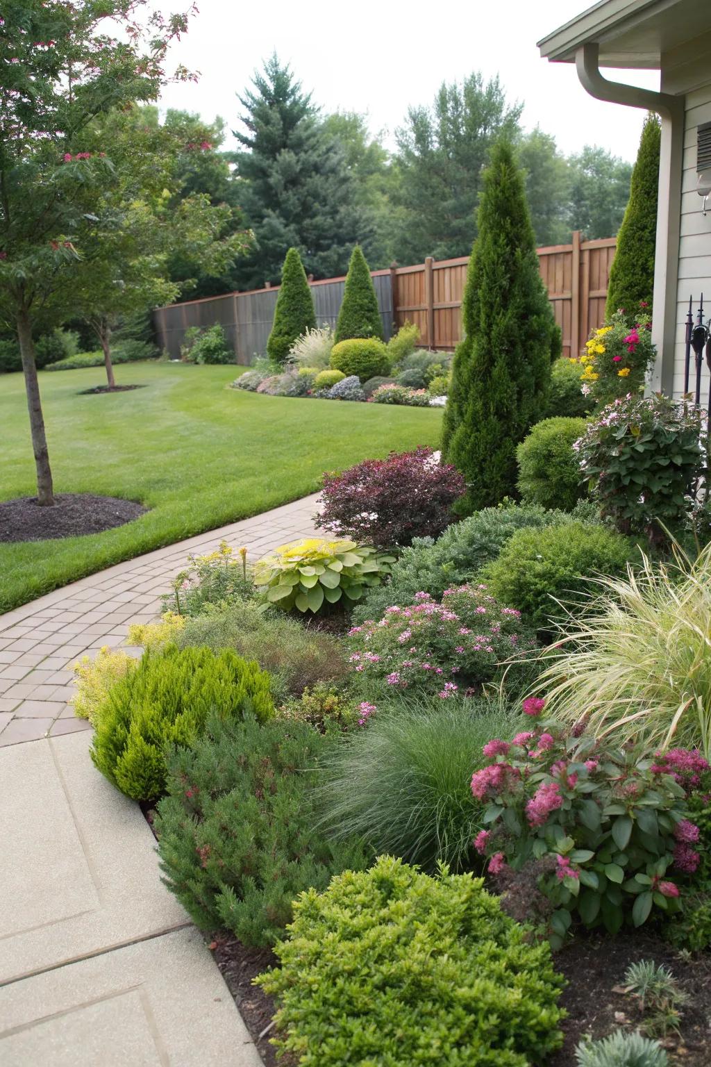 Tiered planting adding depth and visual interest in a front yard.
