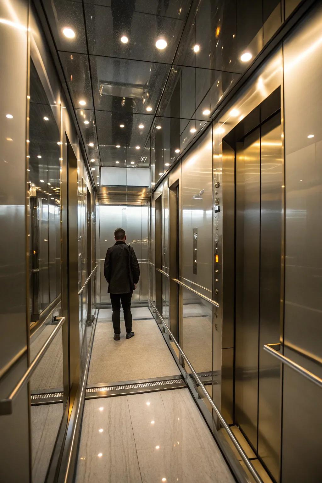 Mirrors enhance space and luxury in the elevator.