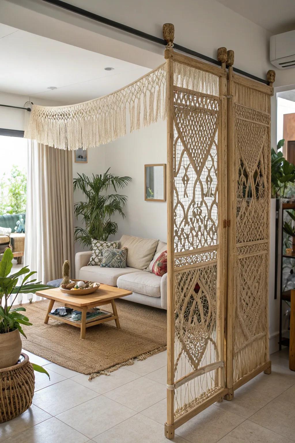 Macrame area dividers producing intimate sections.