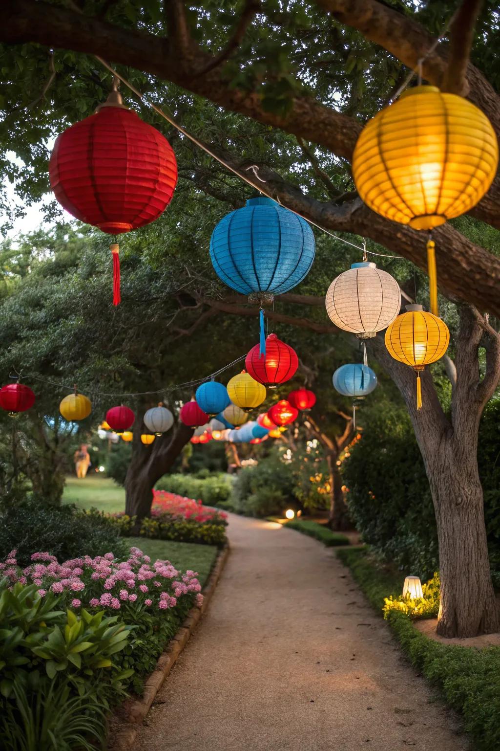 Vibrant lanterns dangle from trees, injecting lively charm into the celebration.