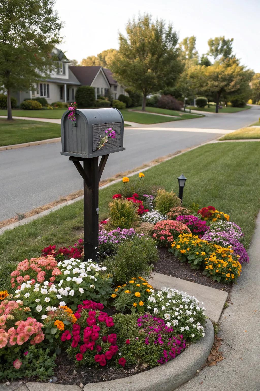 Color coordination between flowers and mailbox fosters a unified presentation.