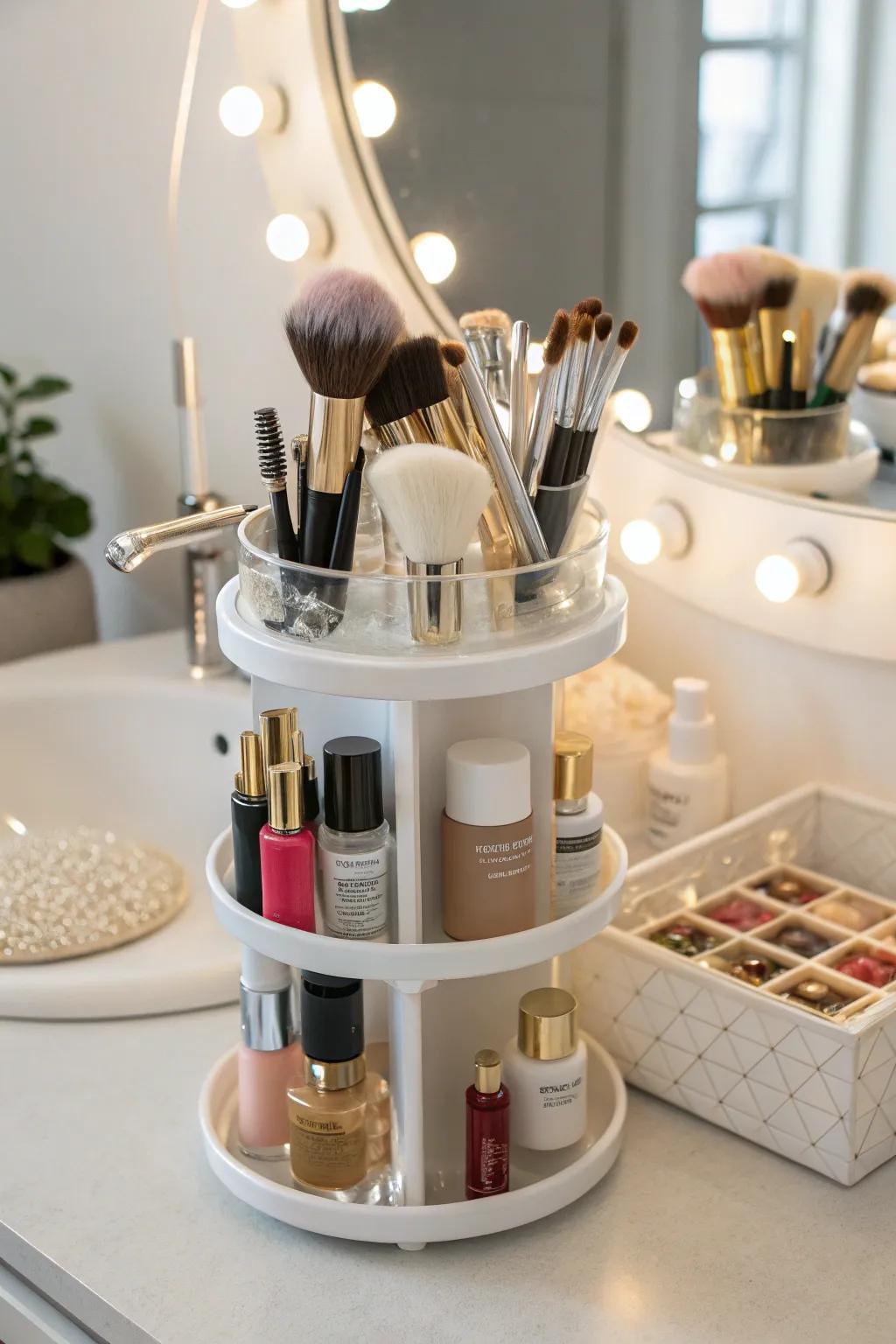 Tiered stations maximize space while showcasing brushes beautifully.
