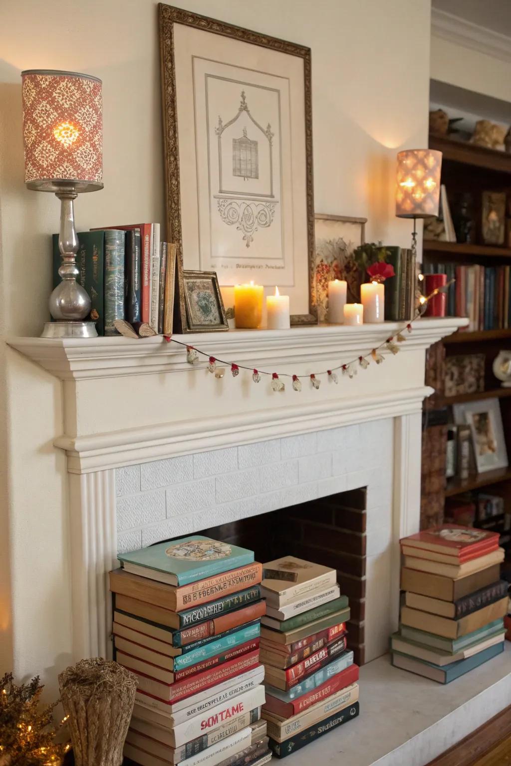Books introduce warmth and character to a mantel.