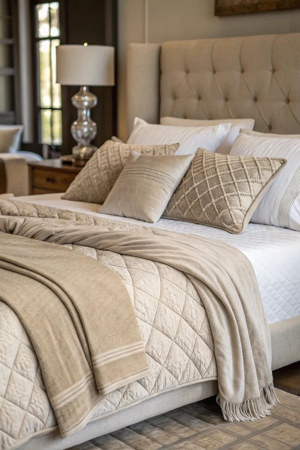 Understated bedding enhances the area’s stylish and sophisticated sense.