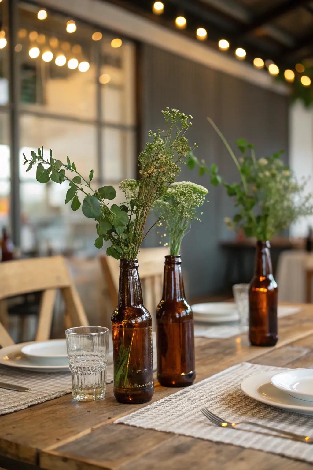 Include a relaxed sensation using beer bottles changed into vases.