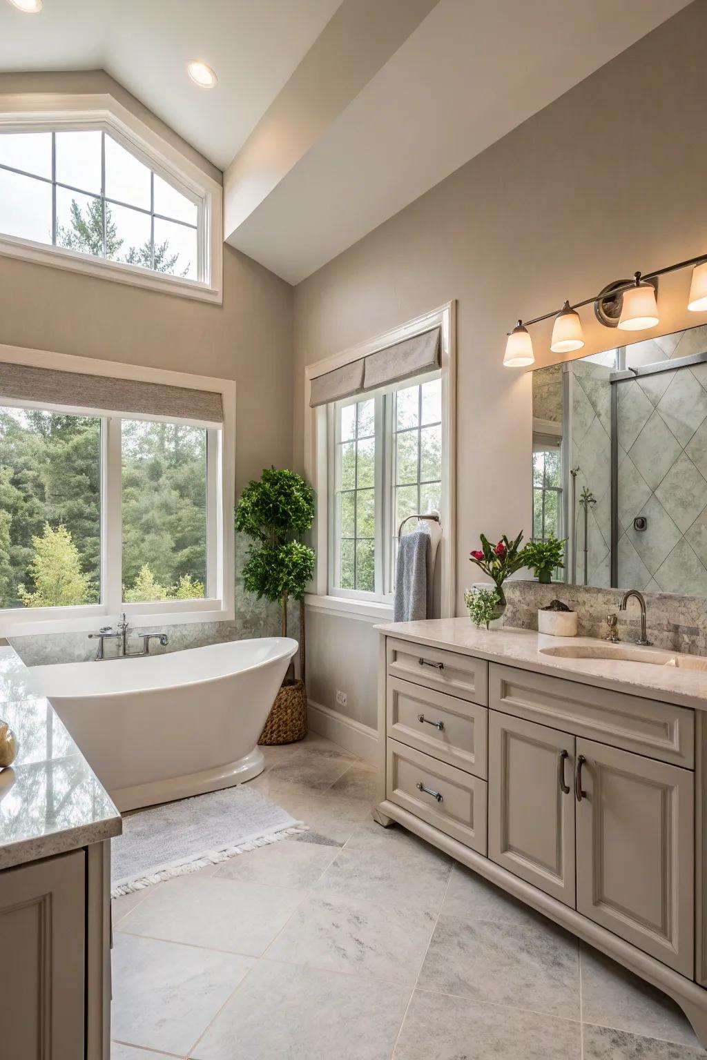 Neutral tones create a soothing and timeless atmosphere in this primary bathroom.