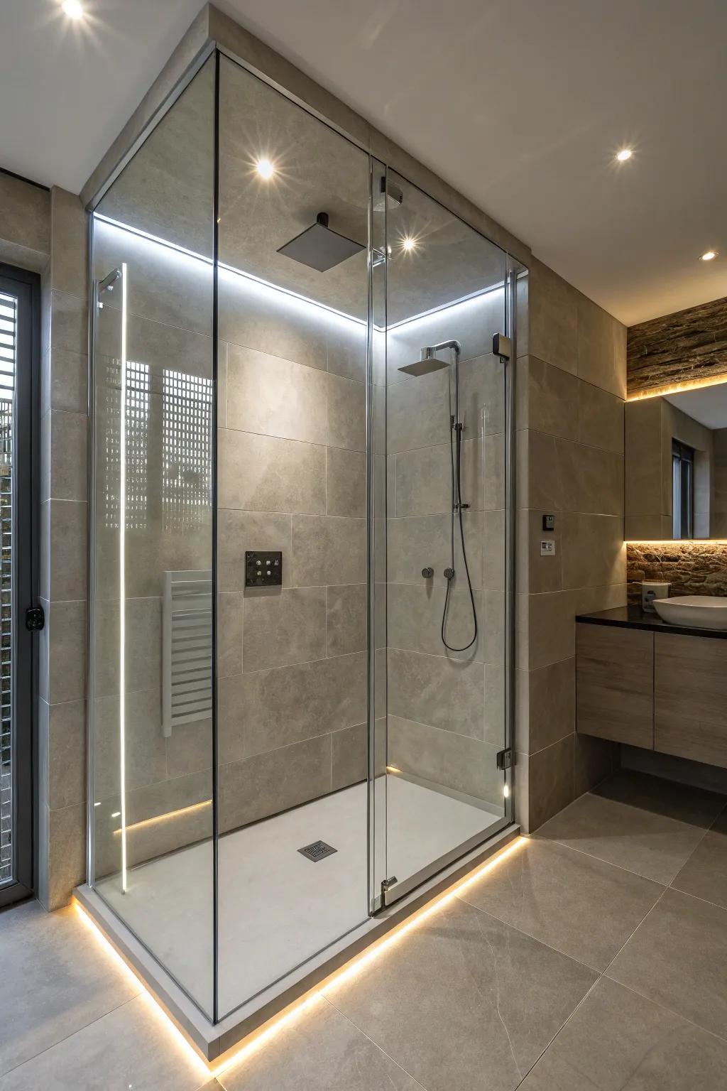 A walk-in shower with purposefully placed integrated illumination.
