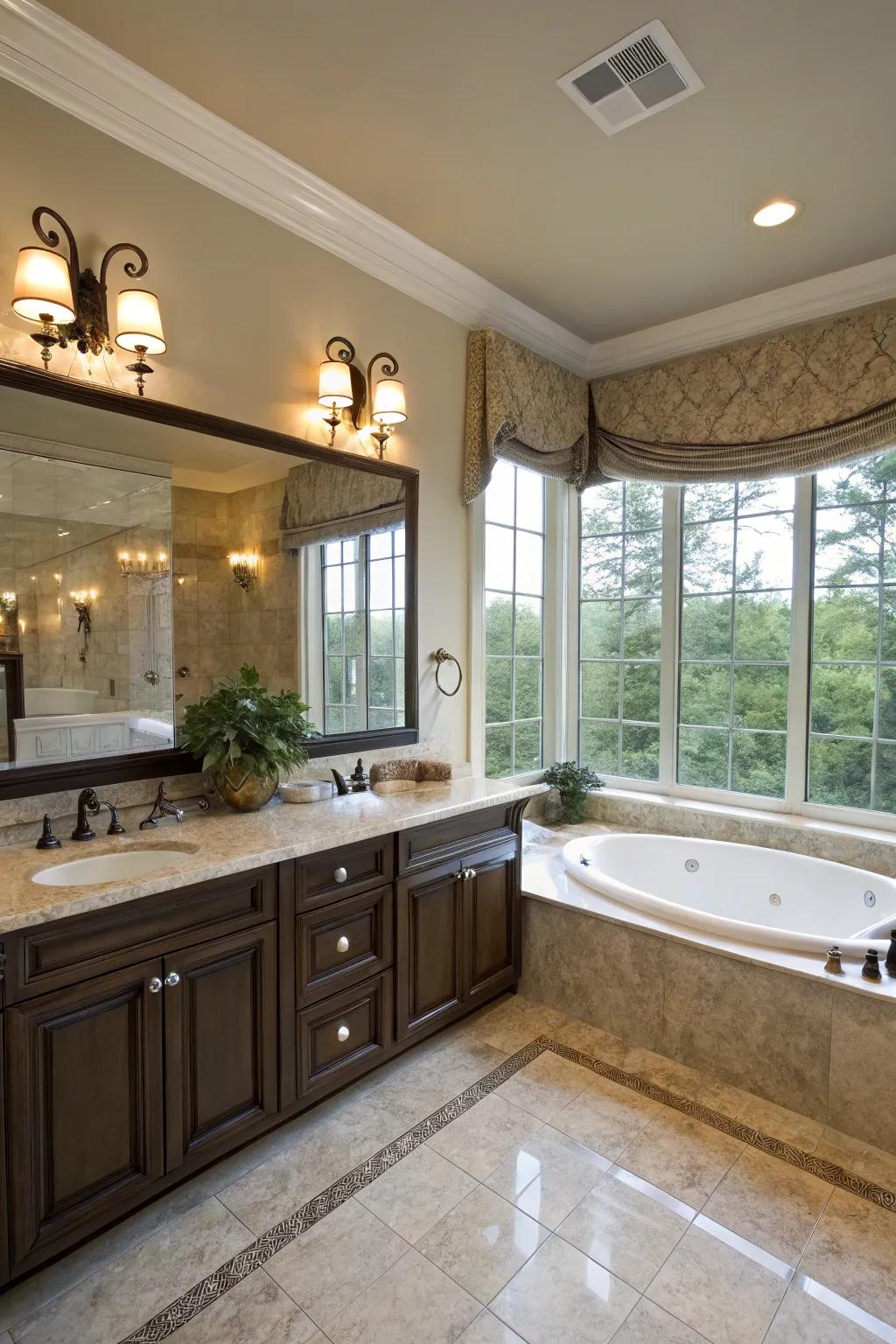 Coordinated vanities enhance the design around the whirlpool tub.