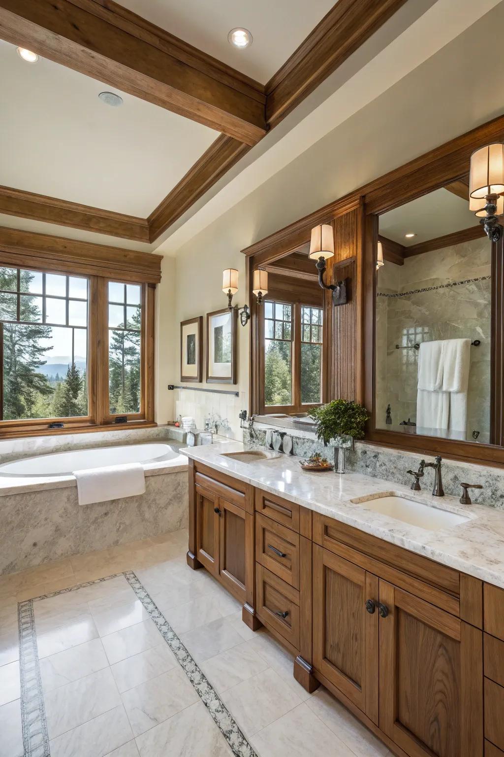 Lavish bathroom featuring polished stone countertops and lush timber accents.