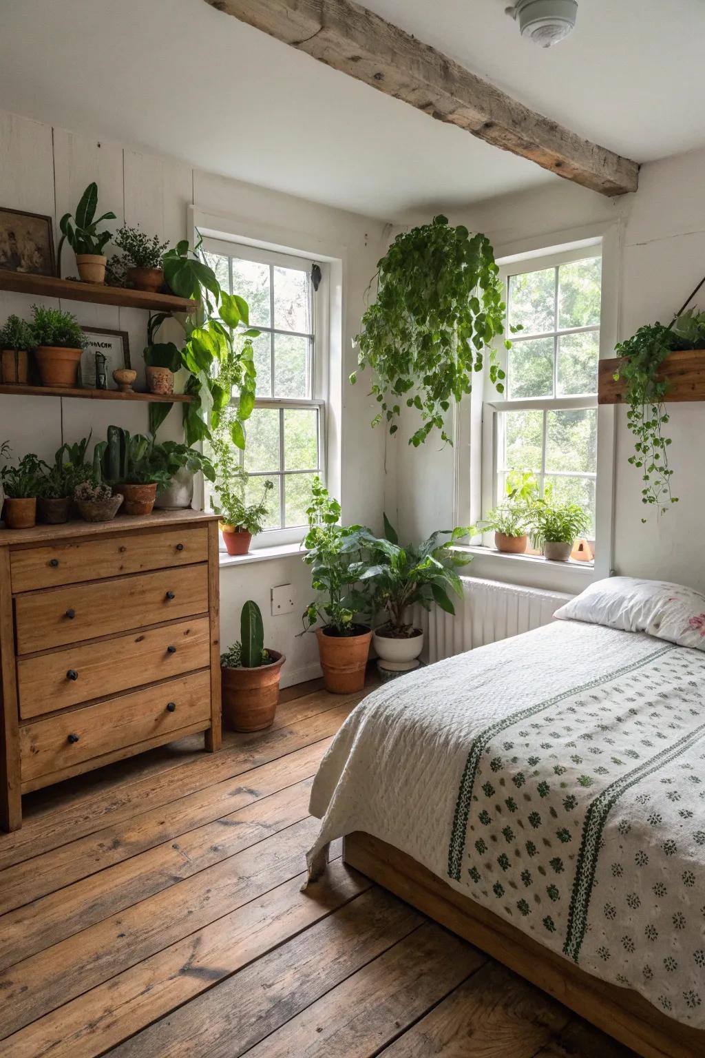 Refreshing touch of greenery within a farmhouse bedroom