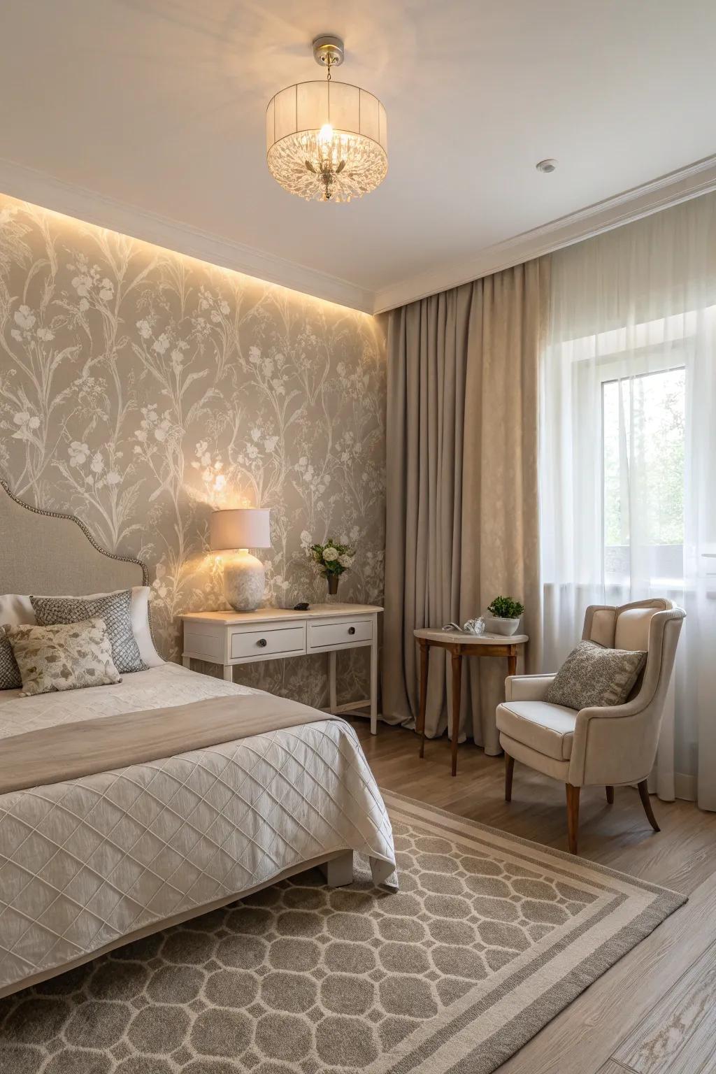 Harmonious hues wallpaper fosters a tranquil bedroom atmosphere.