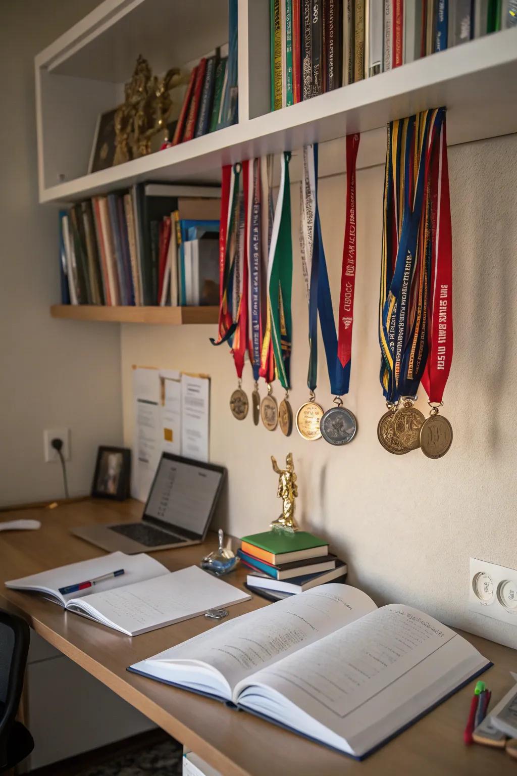 Maximize space with under shelf medal displays.