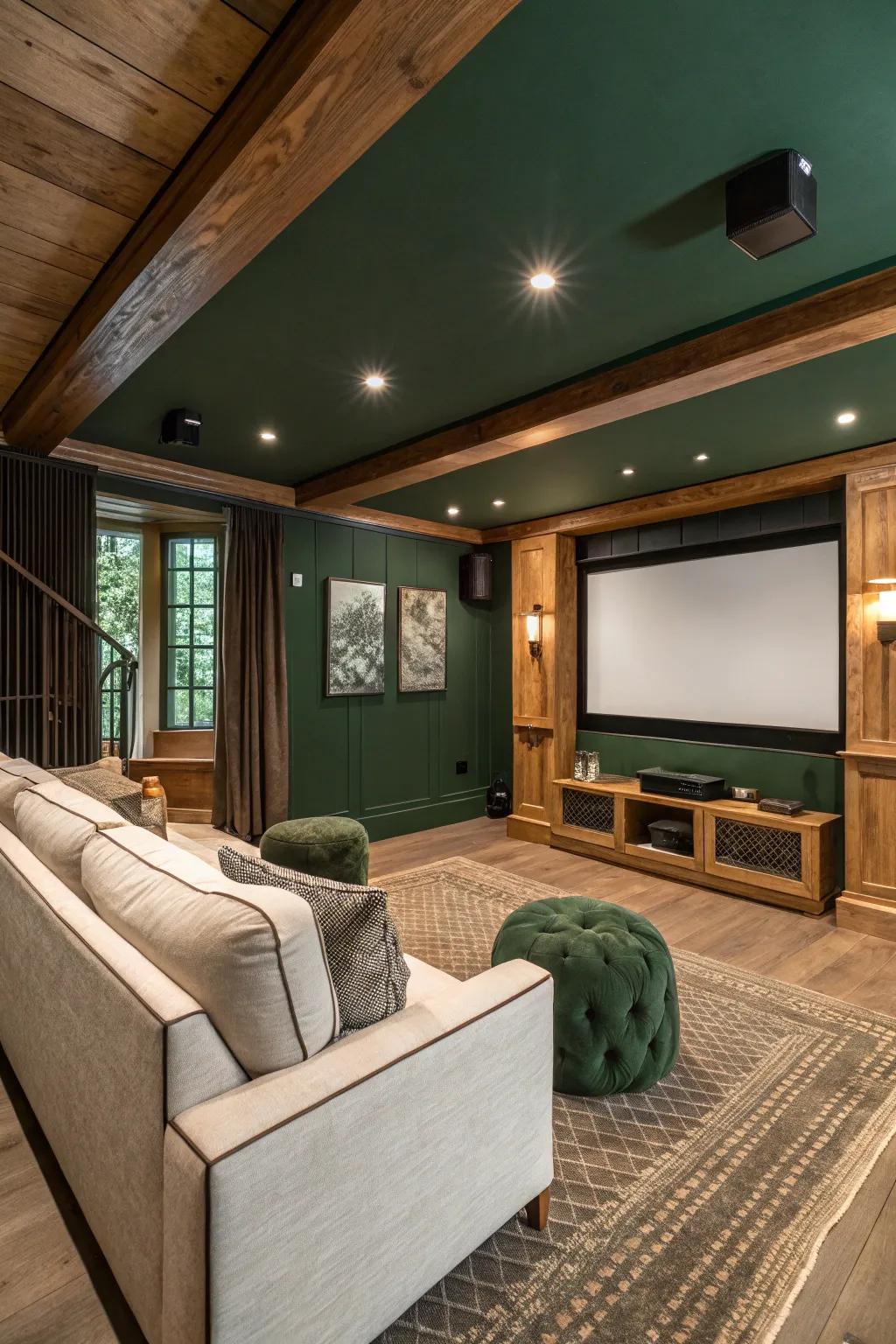 A media room with forest green walls, mixing nature with entertainment.