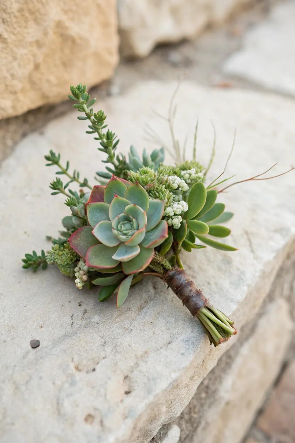 A fleshy plant boutonniere offers a modern and unique aesthetic.