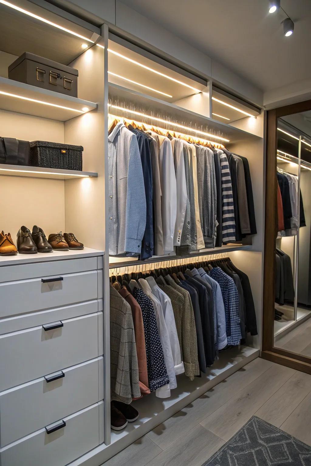 A well-illuminated closet showcasing clothes and accessories.