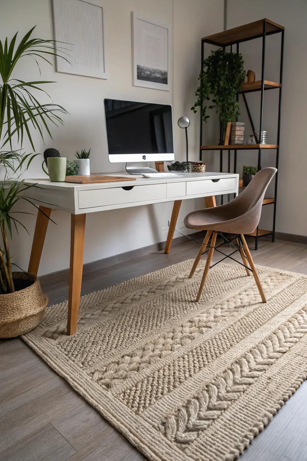 Layered rugs introduce dimension and warmth to your office floor.