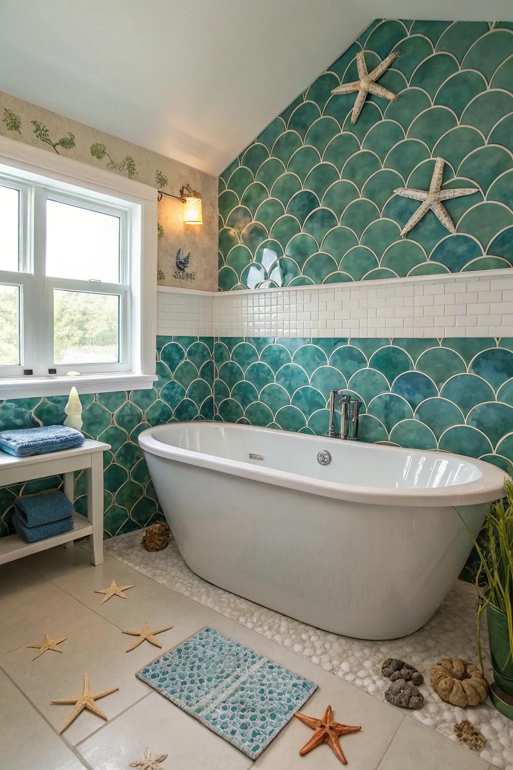 A standalone tub turns into a focus point in a mermaid-themed haven.