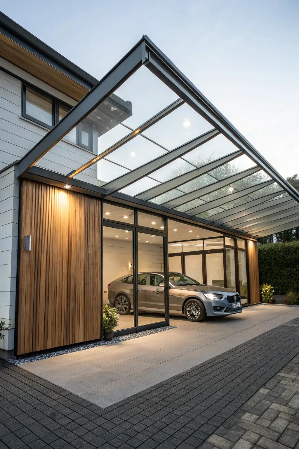 A mixed-material carport provides a combination of textures for a distinctive appearance.