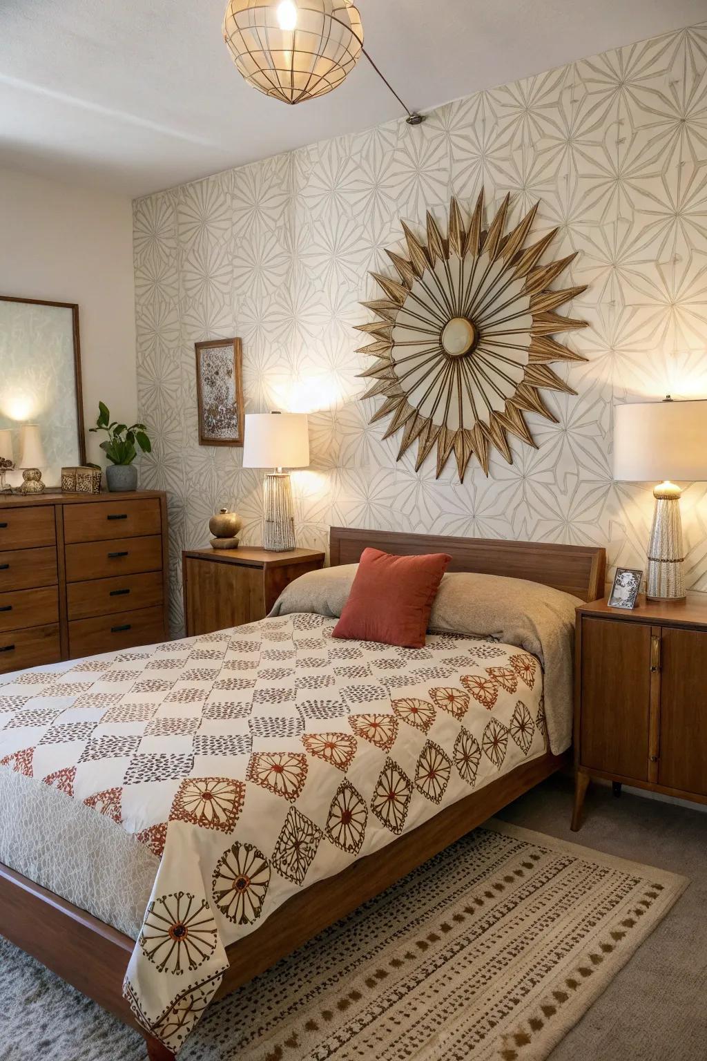 A mid-century modern bedroom featuring vintage decor items and a sunburst mirror.