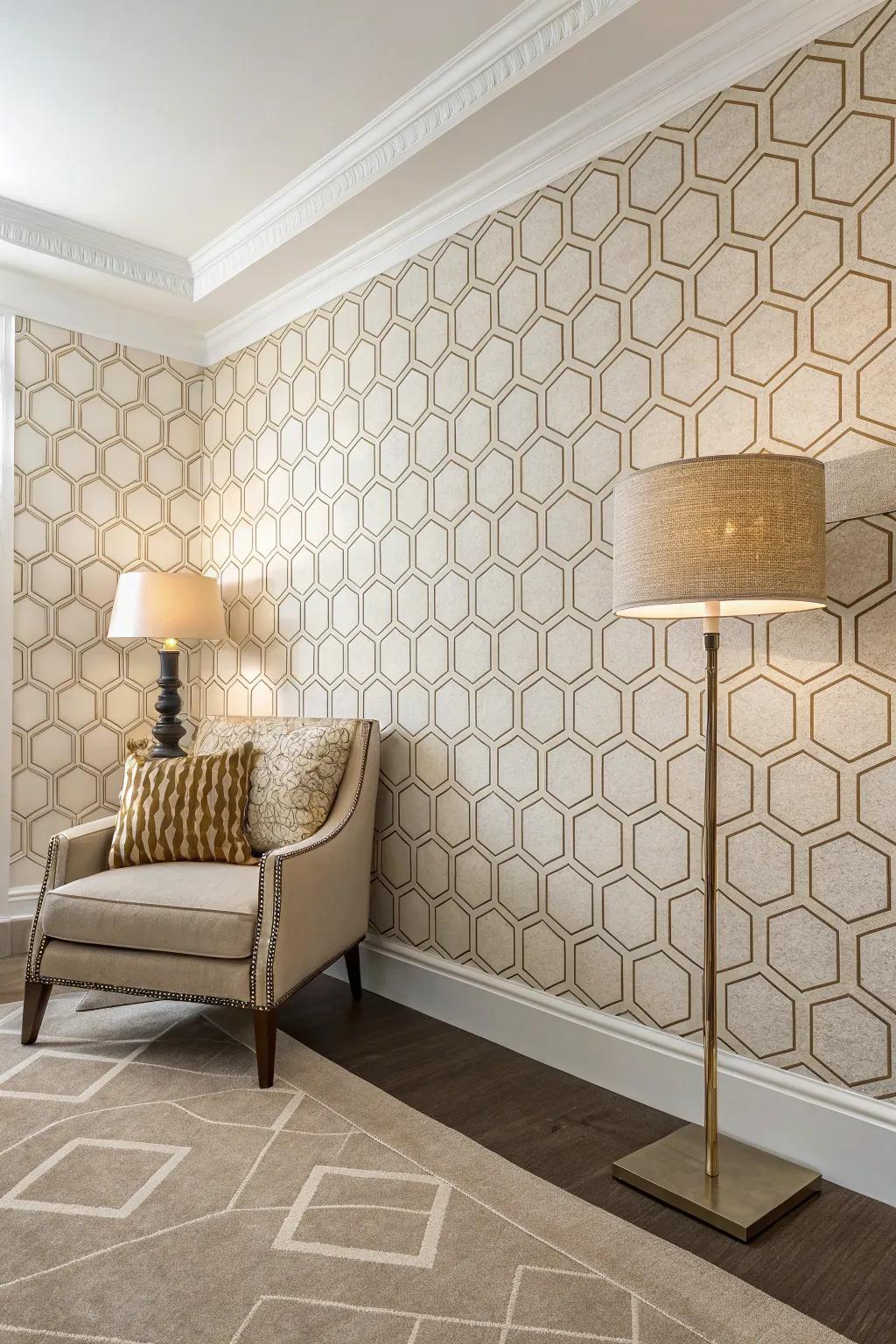 A modern room featuring mid-century wallpaper with honeycomb pattern.