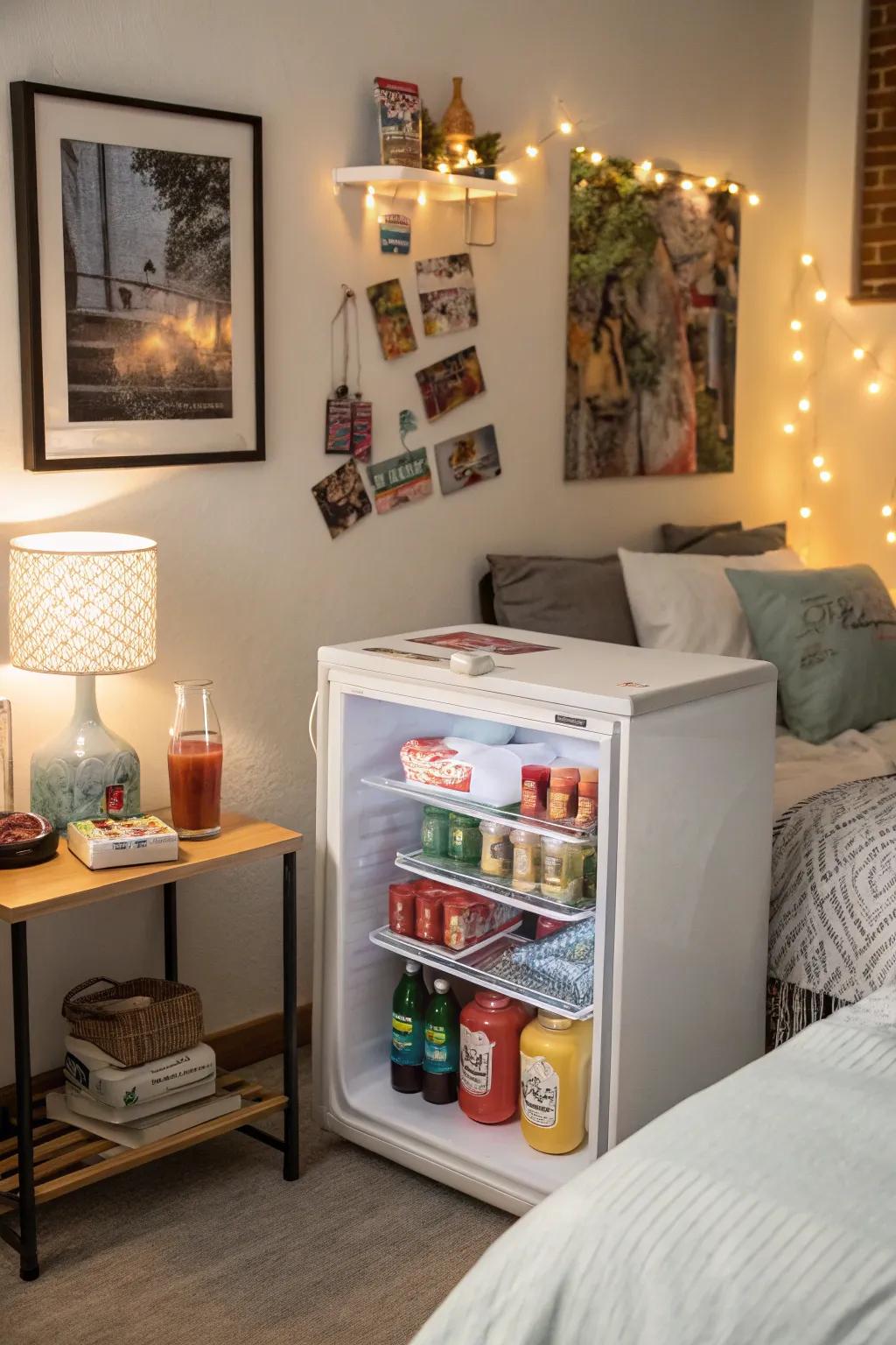 A miniature refrigerator brimming with treats, delivering straightforward access within a bedroom.