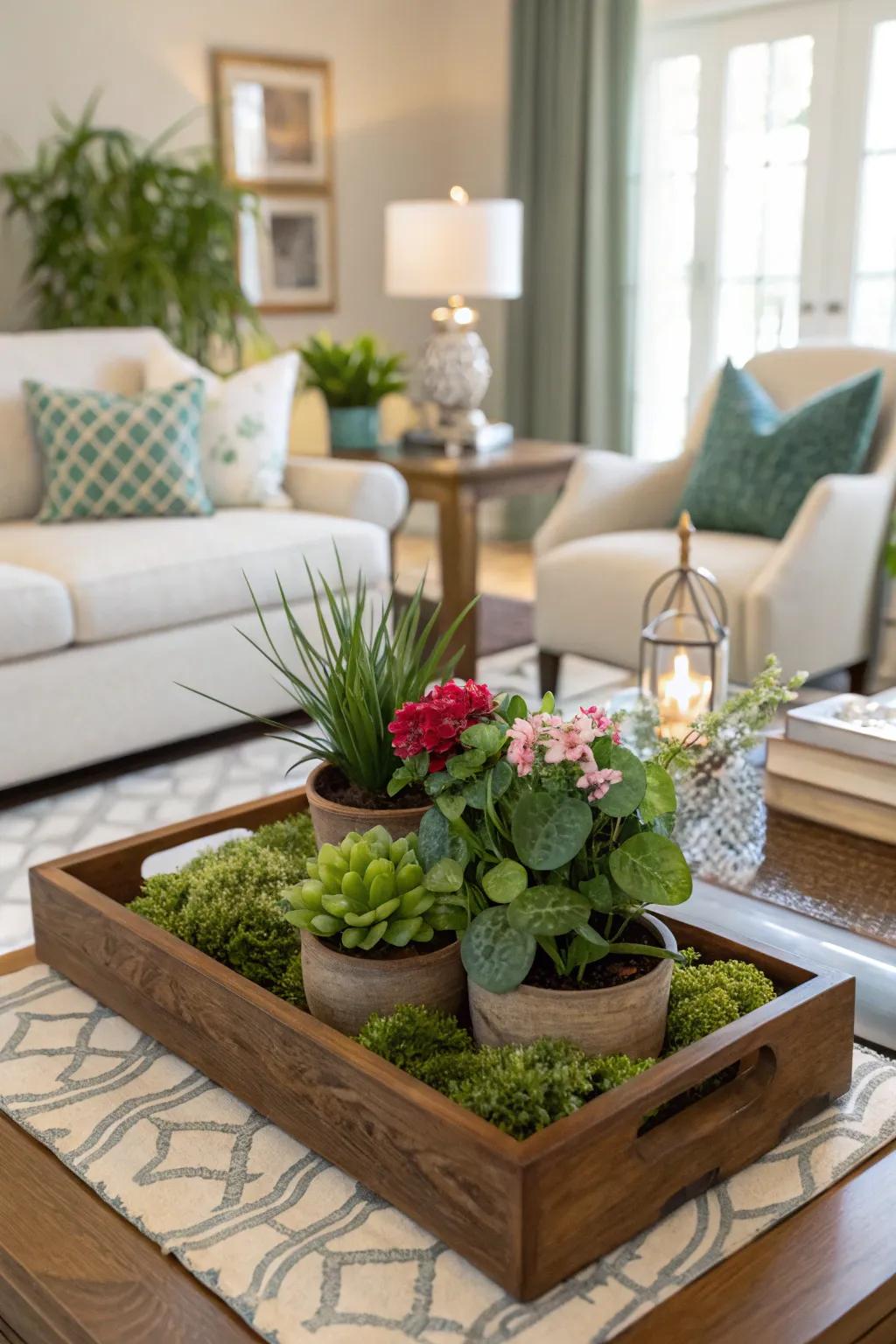 A chic family room featuring a miniature garden integrated into the decor.