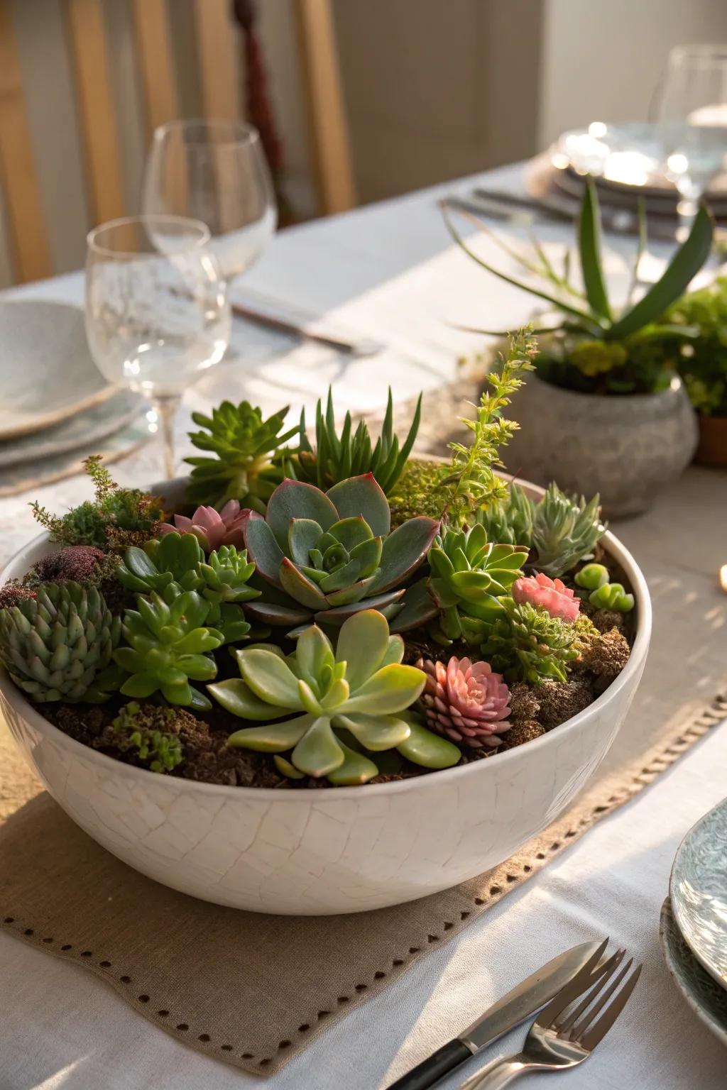 A succulent-filled bowl offers a touch of elegance to any dining table.