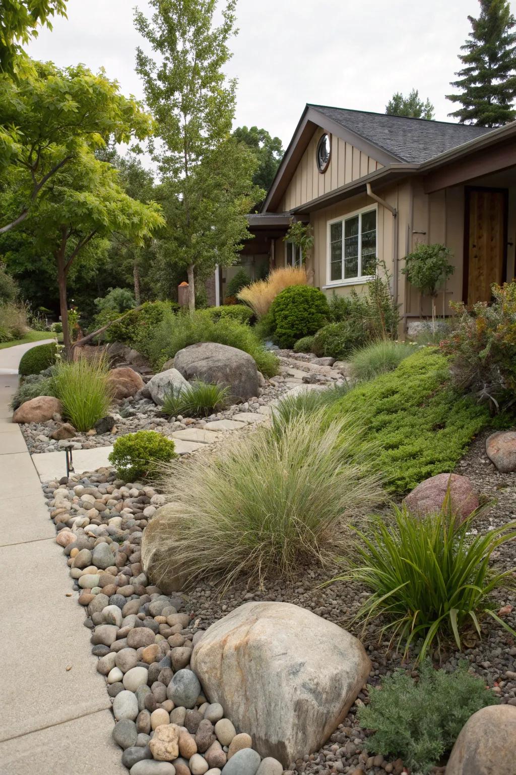 Contrasting textures bring depth and interest to minimalist landscaping.