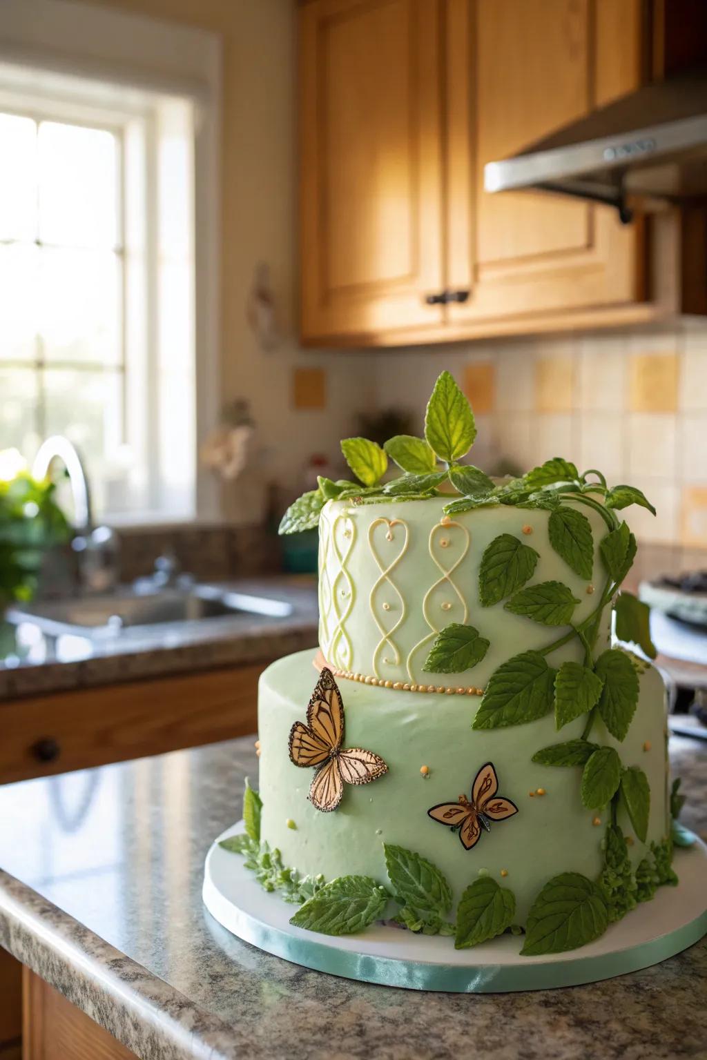 A chartreuse cake featuring natural elements for a whimsical touch.