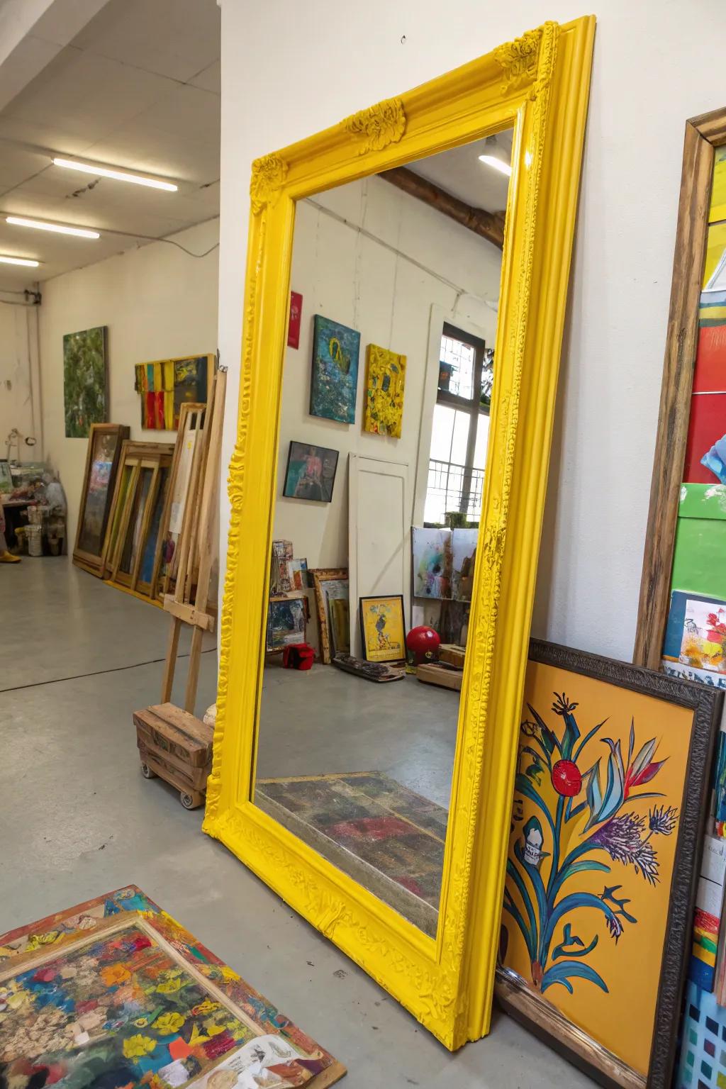 A bright yellow frame mirror adds a splash of color to an art studio.