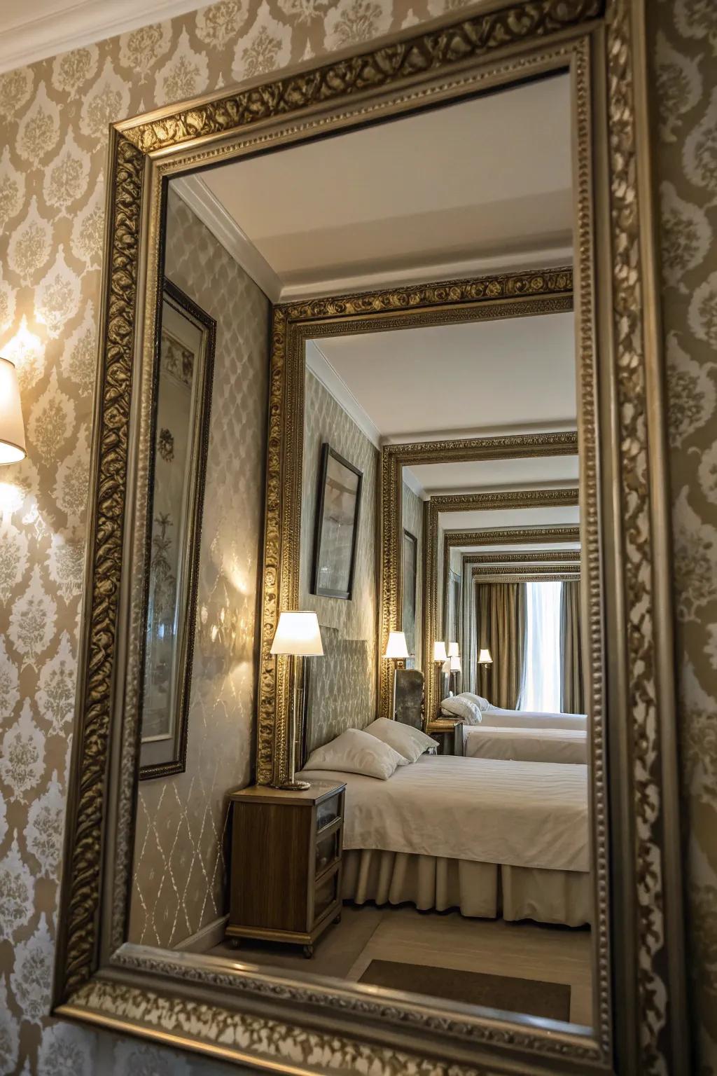 Layering mirrors over wallpaper generates depth and visual fascination.