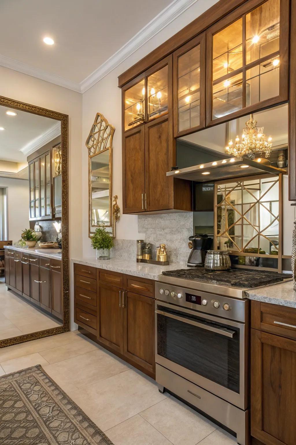A combination of mirrors with wood and metal creating a textured, inviting kitchen space.