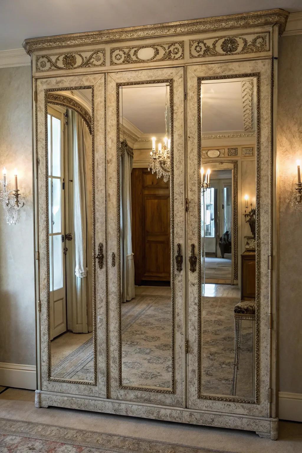 Infuse personality with antiqued mirrored doors.