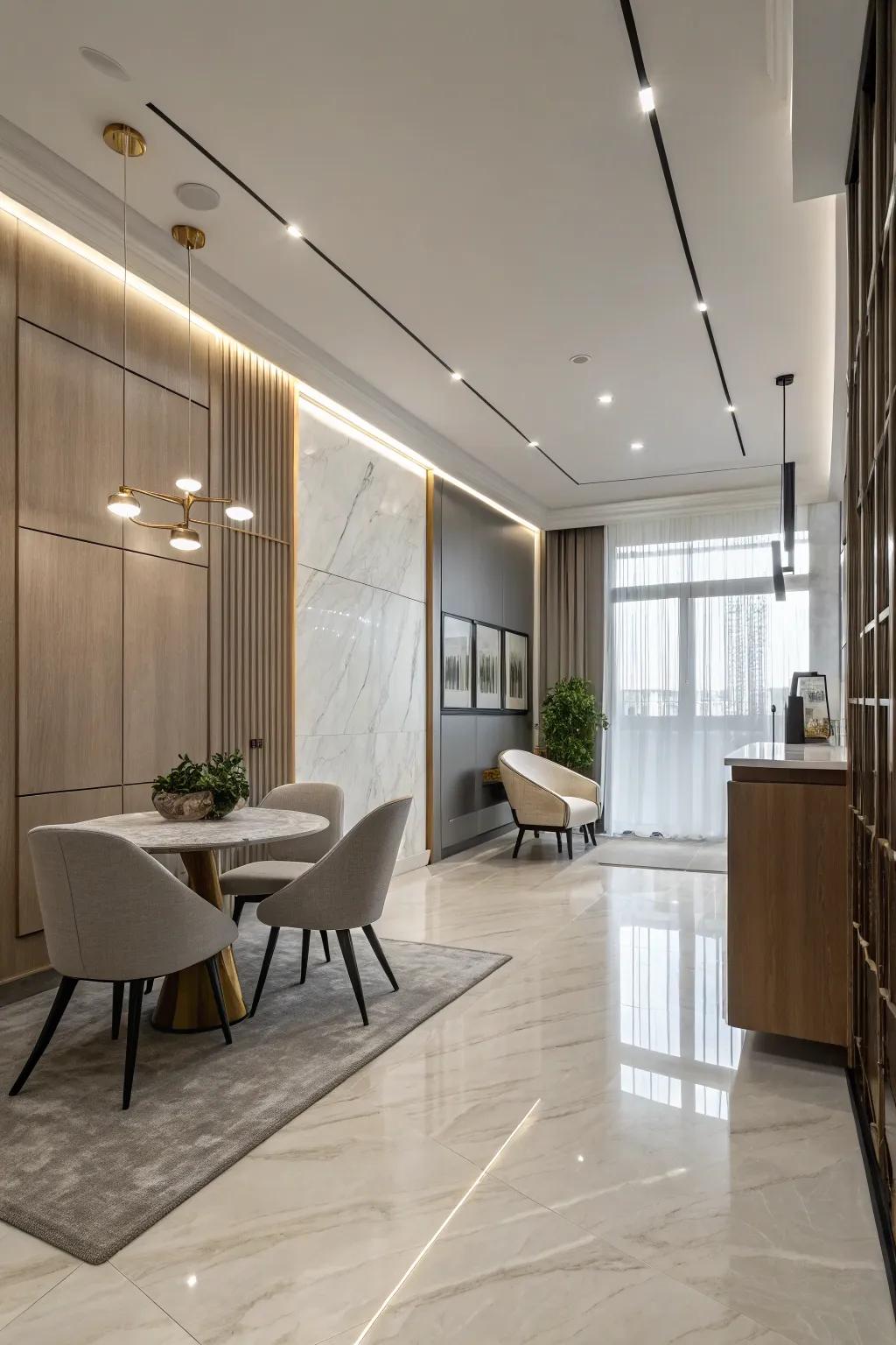 Contemporary simple transitions fashion a refined, clutter-free interior.