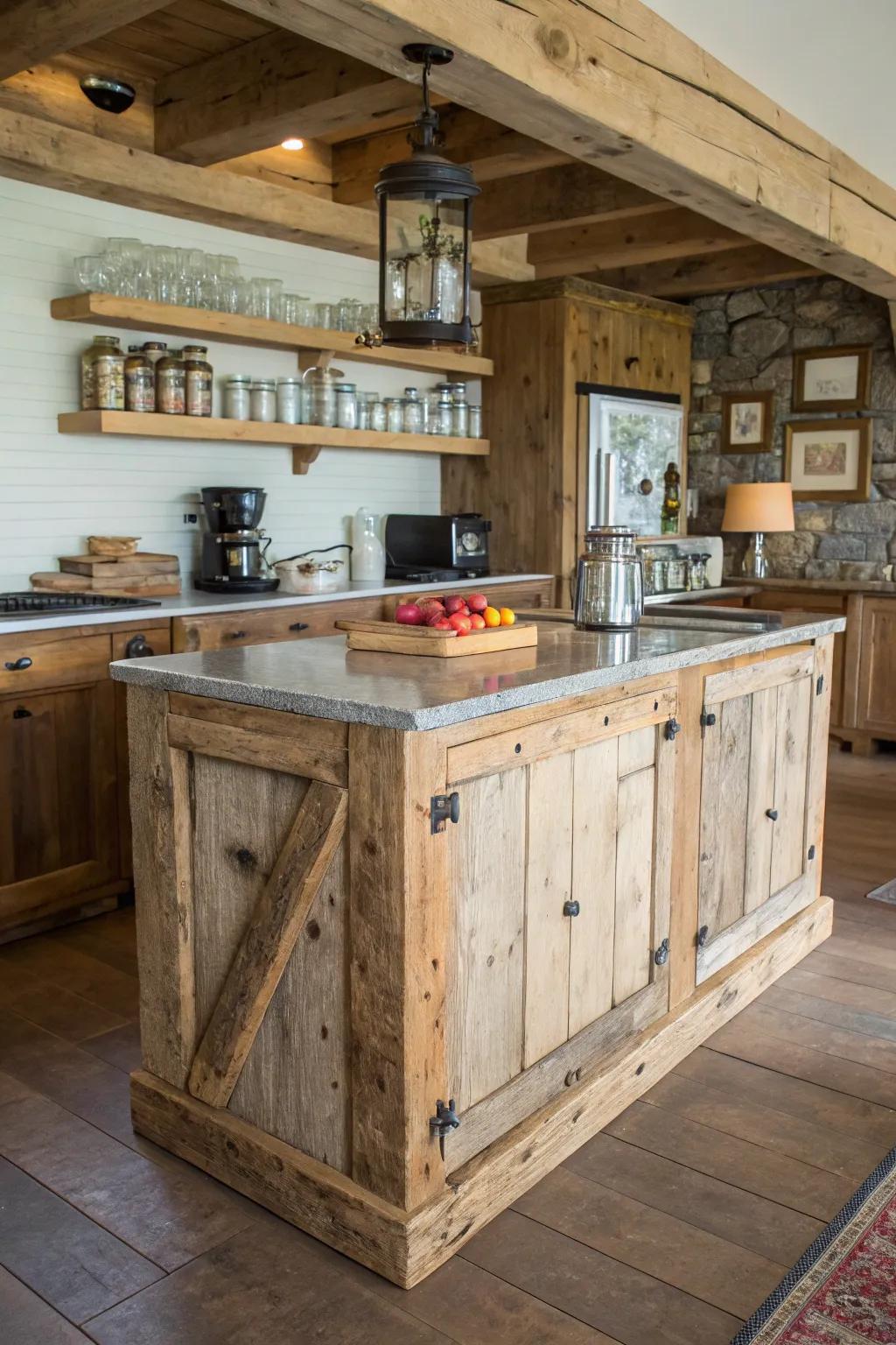 Sustainable design achieved through an upcycled wood island.