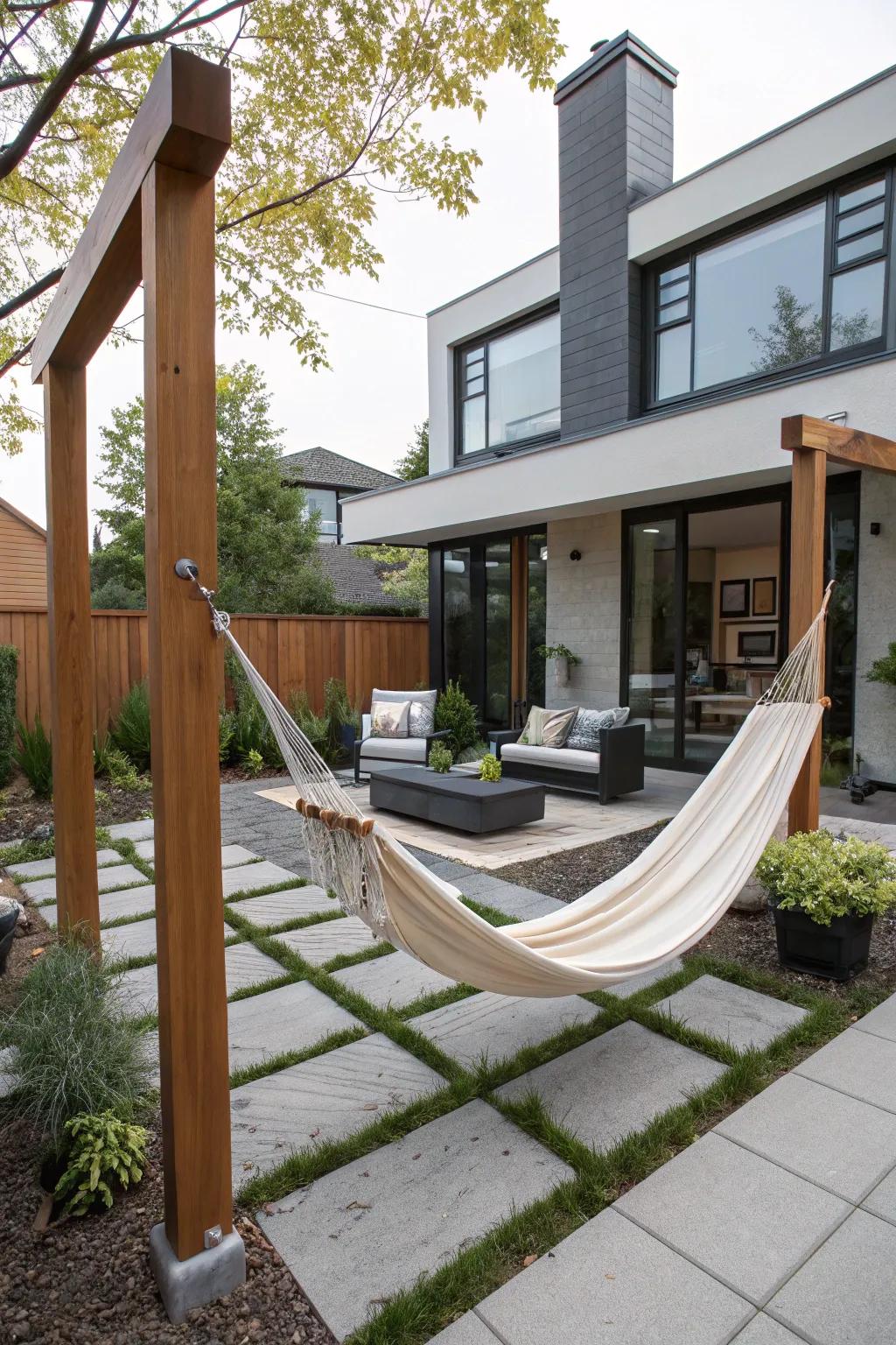 A serene hammock getaway in a modern, grass-free backyard.