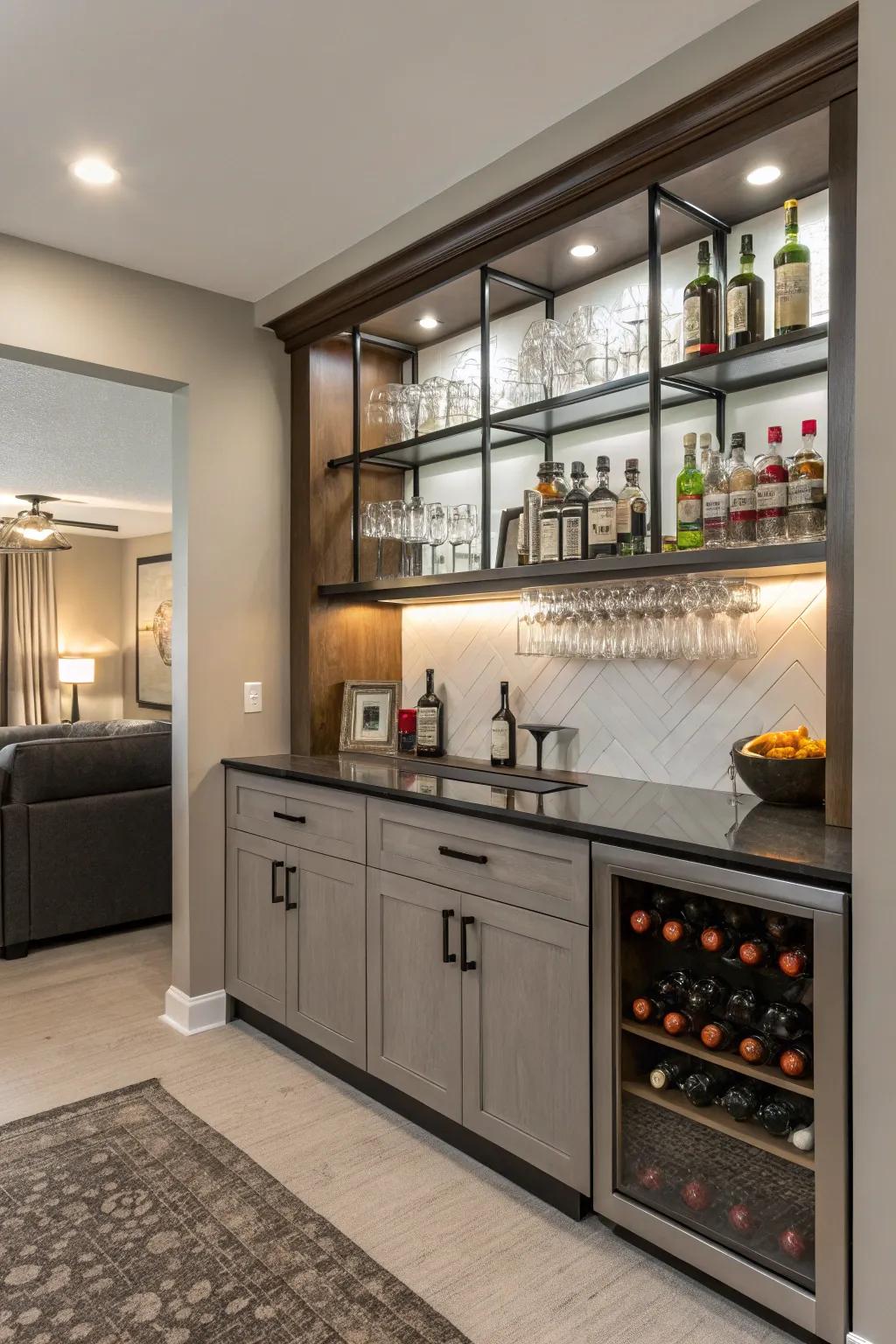 Creative storage solutions keep this bar organized and stylish.