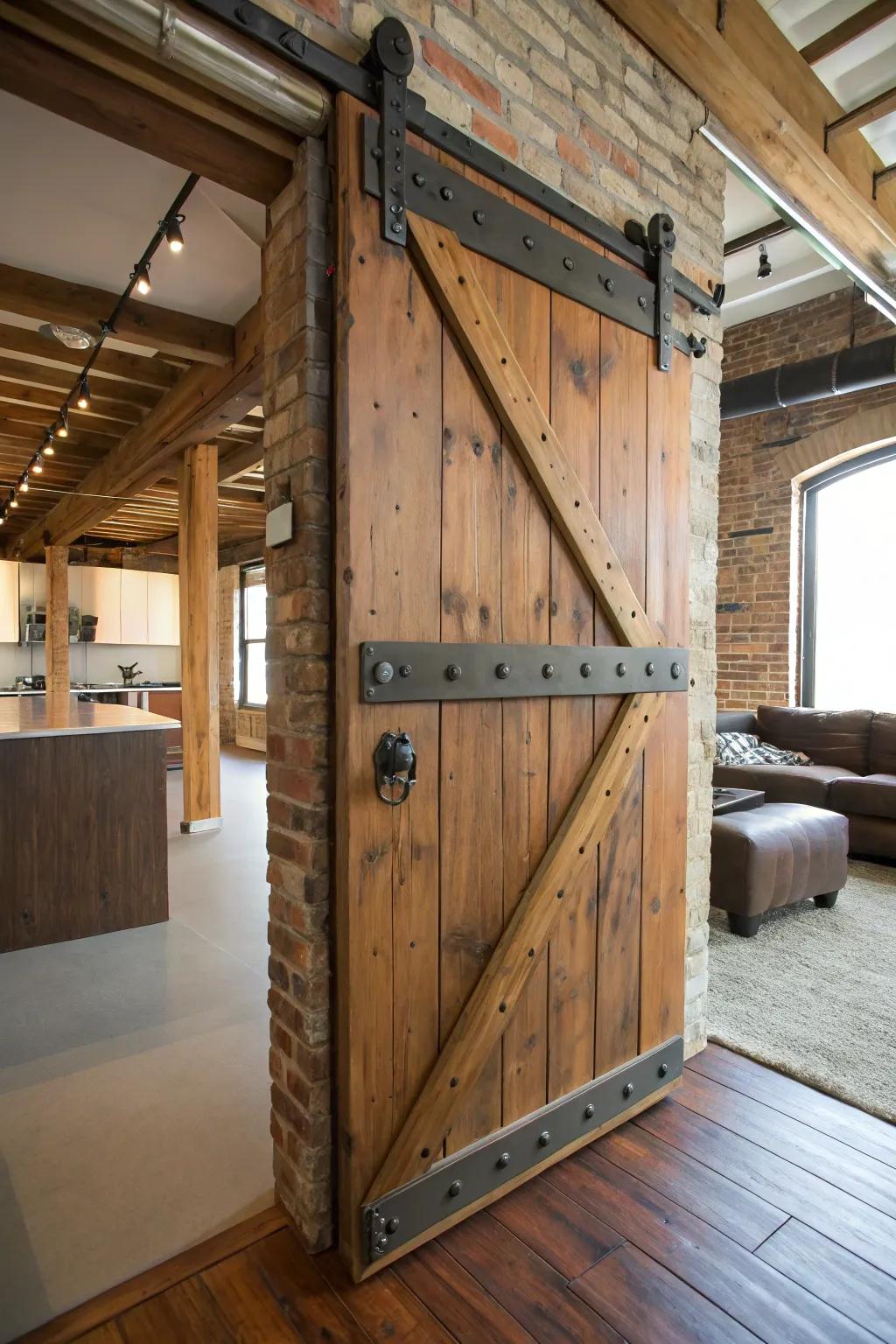 Metal accents on barn doors bring in an element of industrial style.