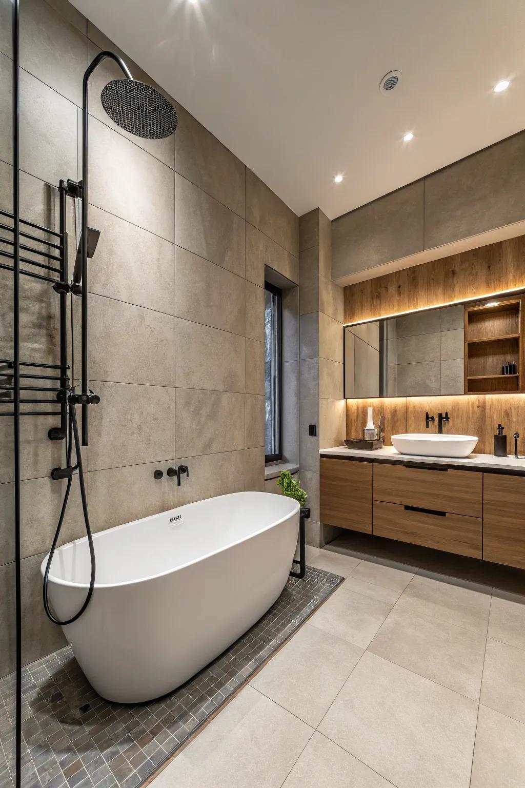 Contemporary hardware with matte finishes adds a modern touch.