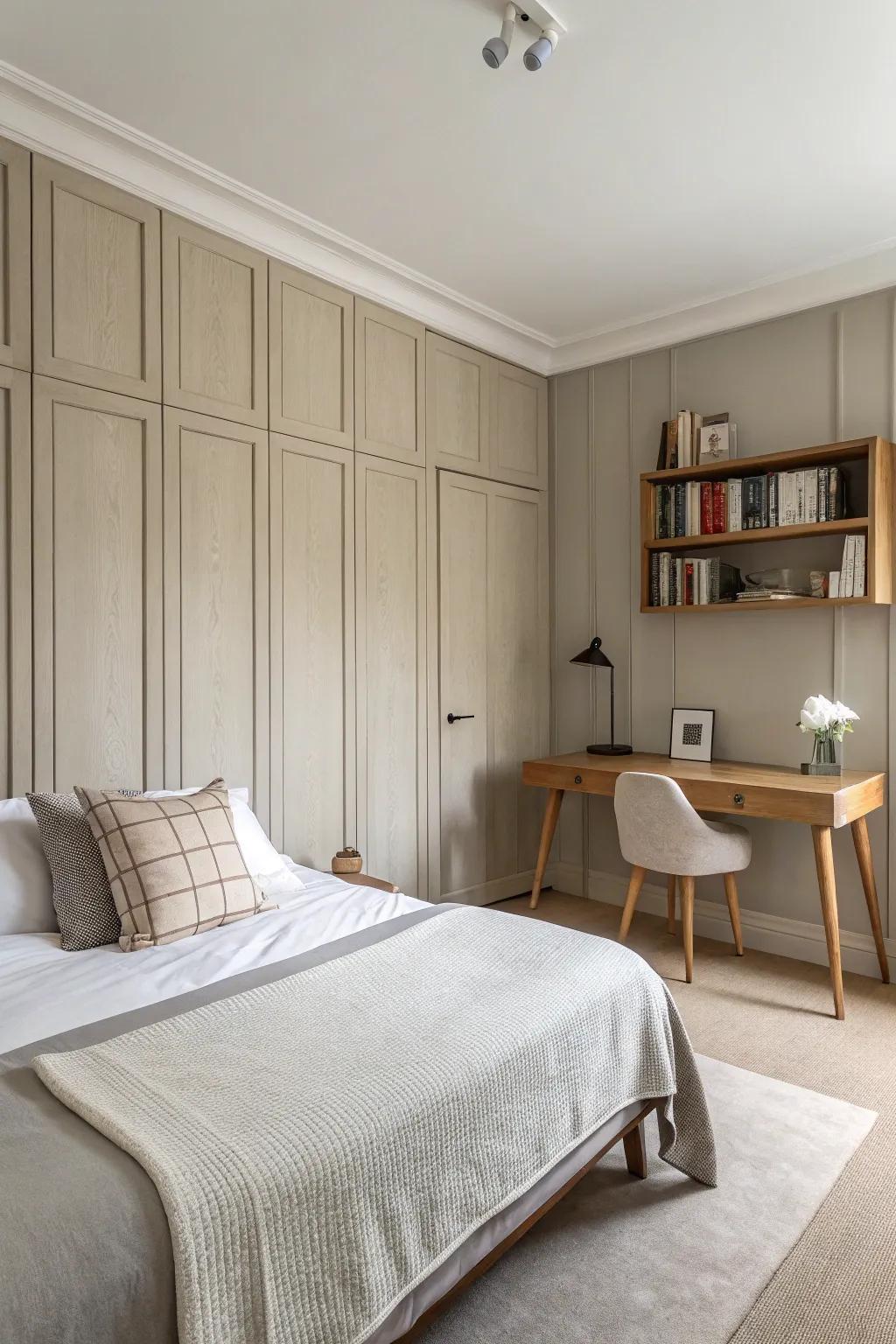 Simple paneling with crisp lines cultivates a tranquil atmosphere.
